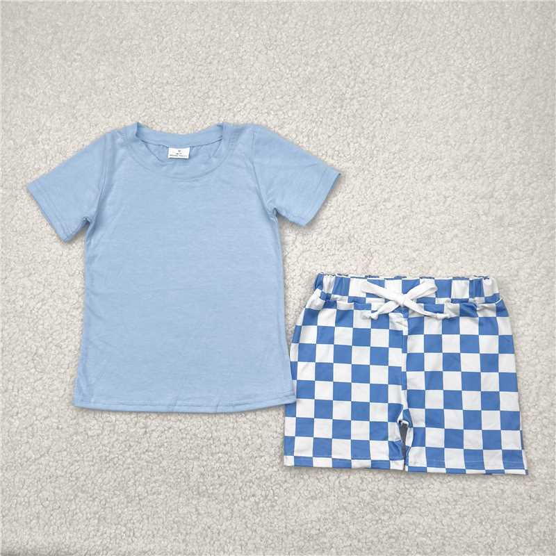 4.22 BSSO1469 Solid sky blue short-sleeved plaid shorts suit