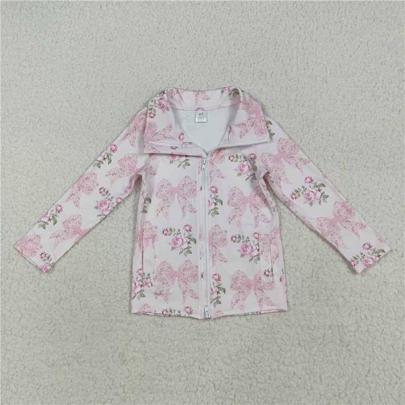 7.24 GT1075 Pink yoga zipper long-sleeved top with floral pattern, leaves and bows