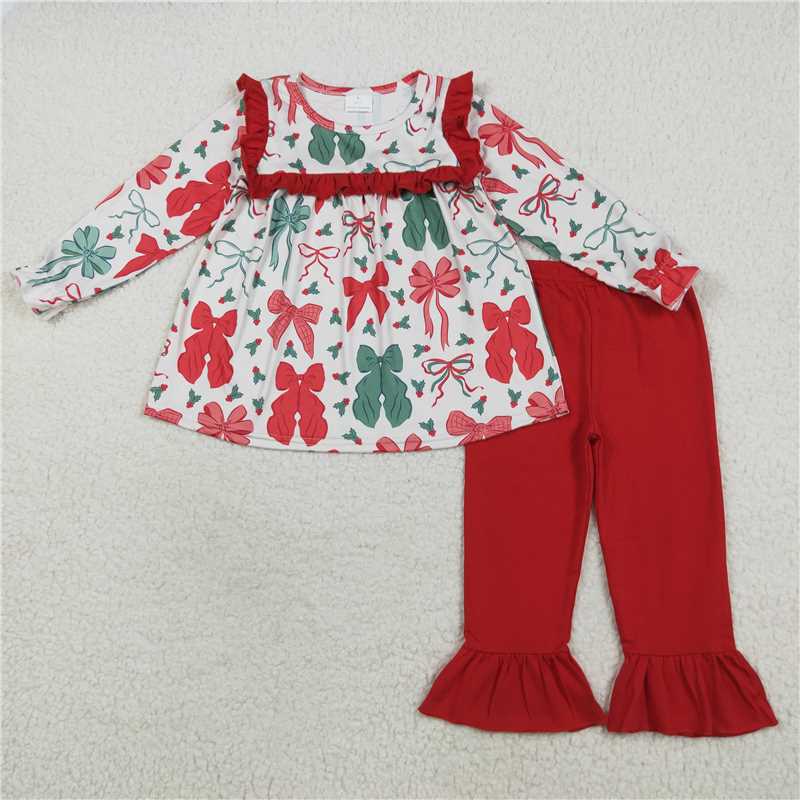 7.25 GLP2346 Christmas red and green bow pattern lace long sleeve trousers suit