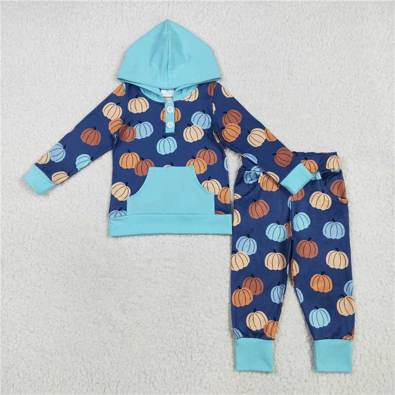 7.25 BLP1154 Pumpkin blue pocket hooded long-sleeved trousers set