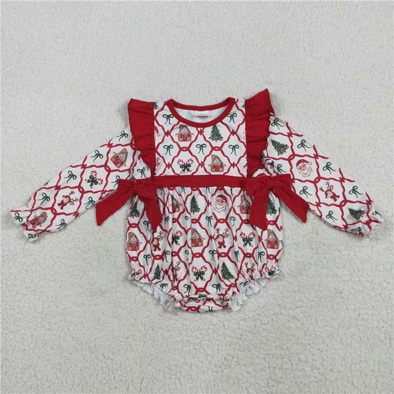 7.24 LR2352 Christmas bear house bow pattern long sleeve onesie
