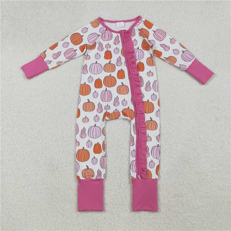 X916 LR2566 Pumpkin pattern pink and white zip-up long-sleeved bodysuit