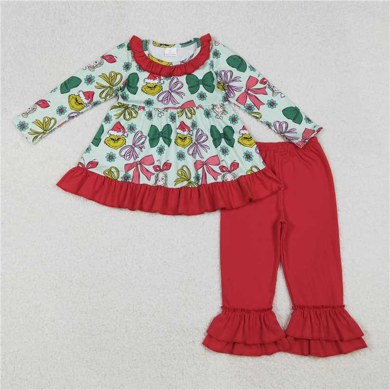 X108 GLP2651 Grinch Girls' Bow Pattern Flower Red Lace Green Long-Sleeved Pants Set