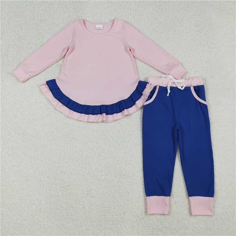X106 GLP2401 Solid royal blue lace-trimmed light pink long-sleeved trouser set