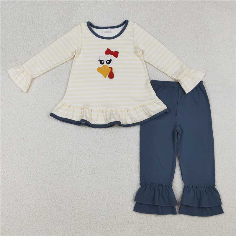 X106 GLP2588 Beige long-sleeved blue trouser suit with embroidered turkey stripe lace