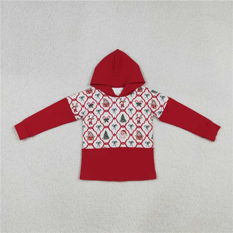 X107 GT1042 Red long-sleeved hooded top with Santa Claus bow pattern