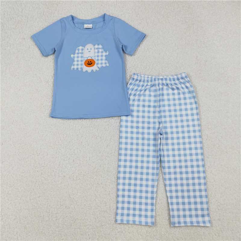 x12.11 BSPO0581 Embroidered Halloween Lantern Ghost Blue Short-Sleeve Plaid Pants Set