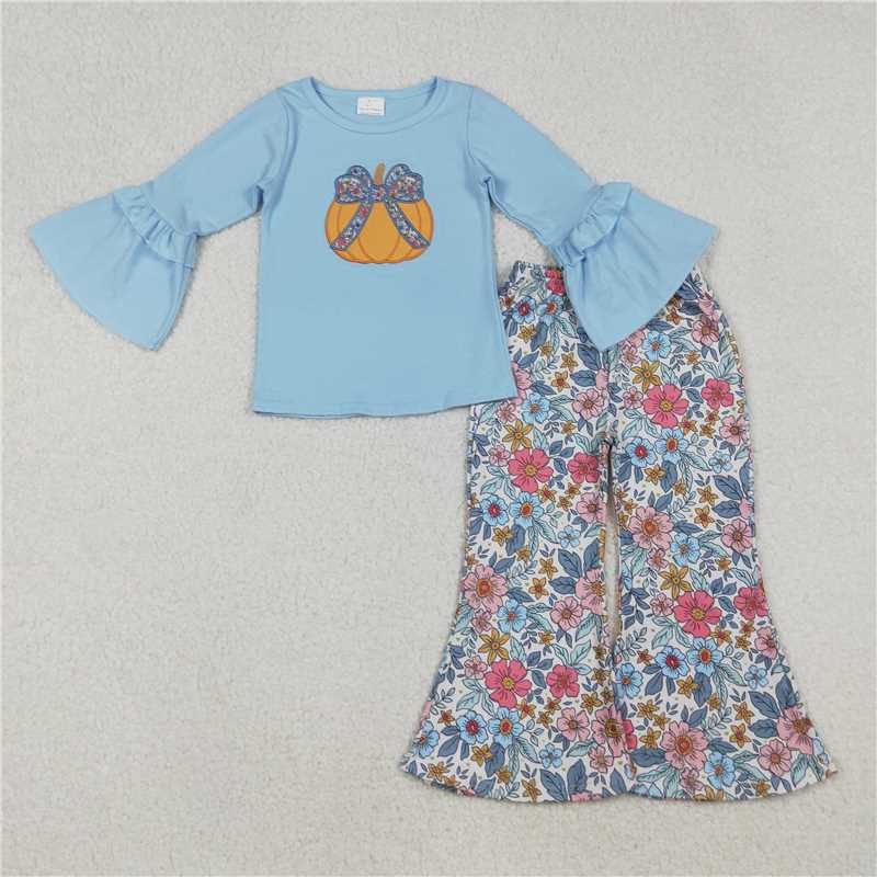 X108 GLP2596 Embroidered floral and bow pattern pumpkin blue long-sleeved pantsuit