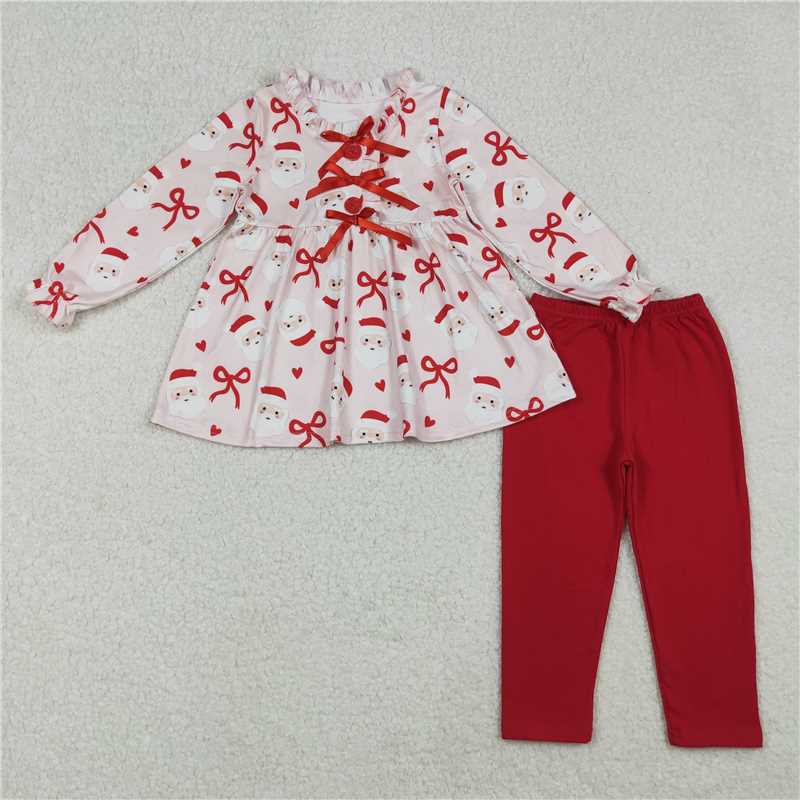 X109 GLP2642 Santa Claus red heart and bow pattern pink long-sleeved pantsuit