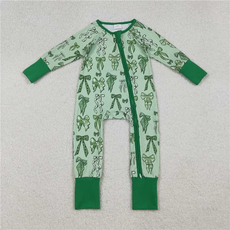 X10.13 LR2654 Green long-sleeved zip-up bodysuit with bow pattern