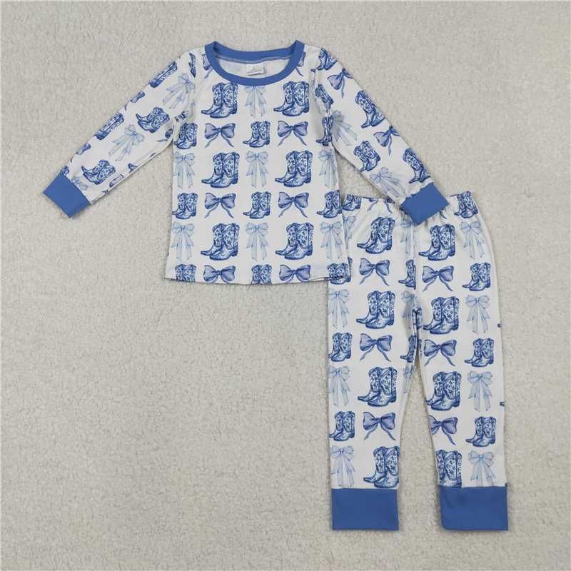 X106 GLP2583 Blue and white long-sleeved and long-pants pajama set with a boot bow pattern