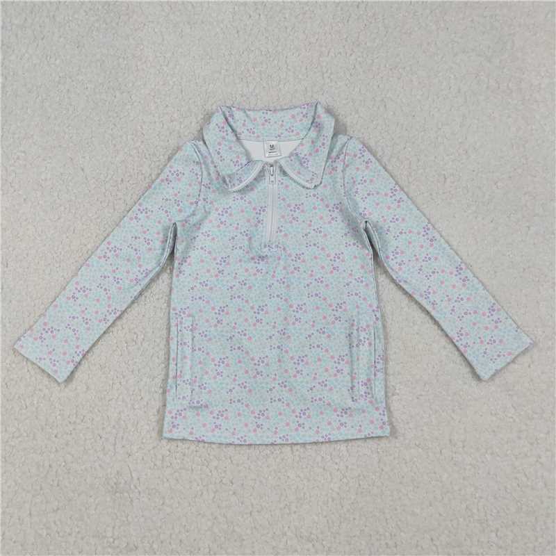 X107 GT1182 Floral Print Zippered Long-Sleeved Yoga Top