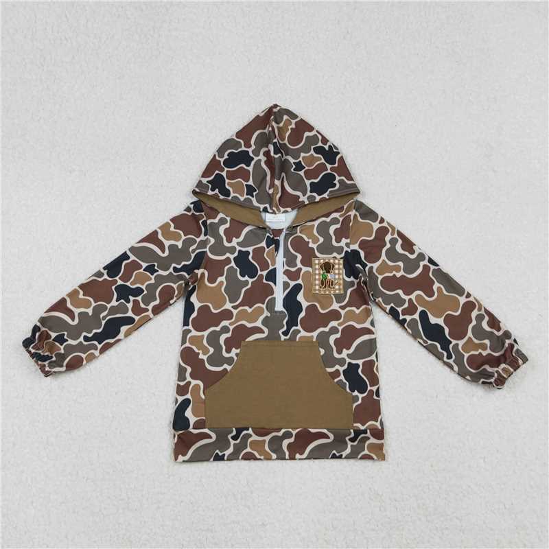 X11.11 BT1300 Embroidered Duck & Puppy Camouflage Brown Pocket Zipper Hooded Long-Sleeve Top