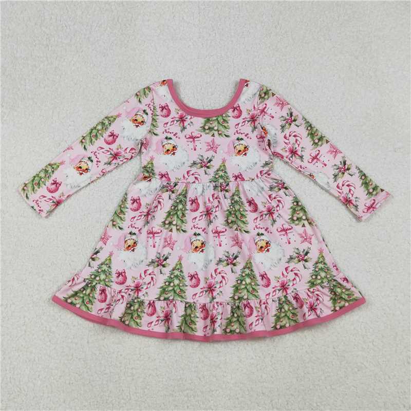 X107 GLD1252 Santa Claus Tree Cane Gift Pink Long-Sleeved Dress