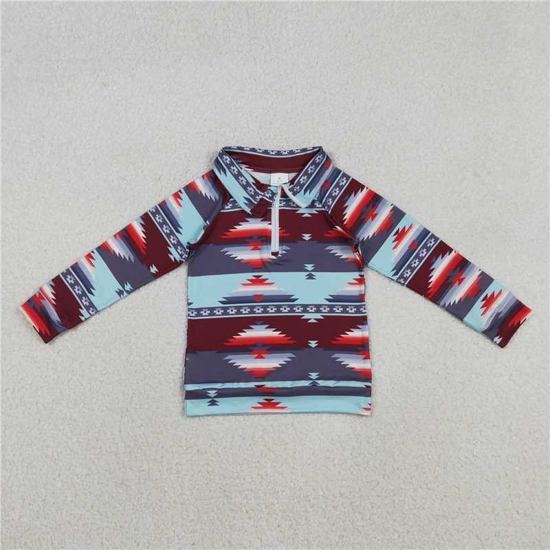 X12.9 BT1467 Geometric Pattern Blue and Red Zipper Long-Sleeved Top