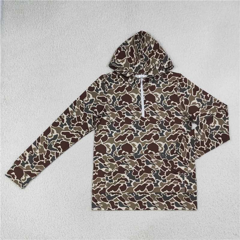 RTS NO MOQ Sibling Mama and Me Boys Long Sleeve Dark Khaki Camo Zip Pocket Hoodies Top