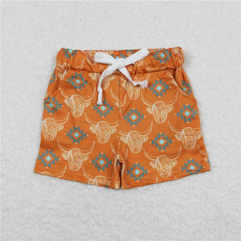 SS0208 Alpine Cow Head Geometric Orange Shorts