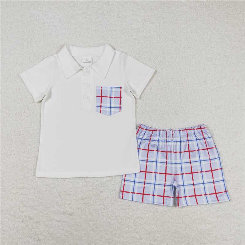 BSSO0651 Blue Plaid Pocket White Short Sleeve Shorts Suit