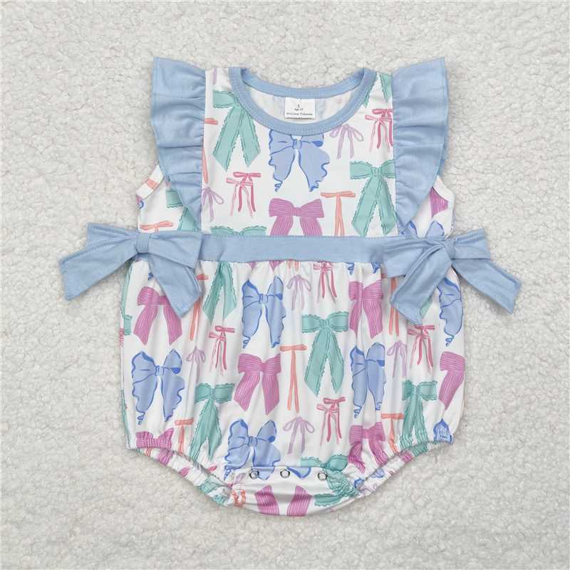4.23SR2027 Bow pattern blue lace bow vest jumpsuit