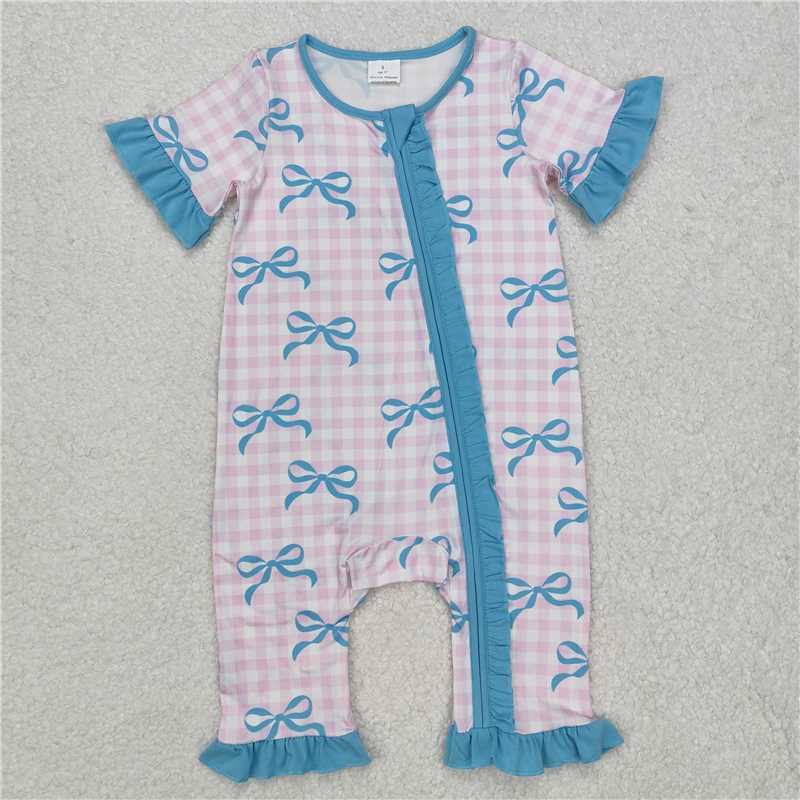 4.22SR2026 Bow pattern blue lace pink plaid zipper short-sleeved jumpsuit