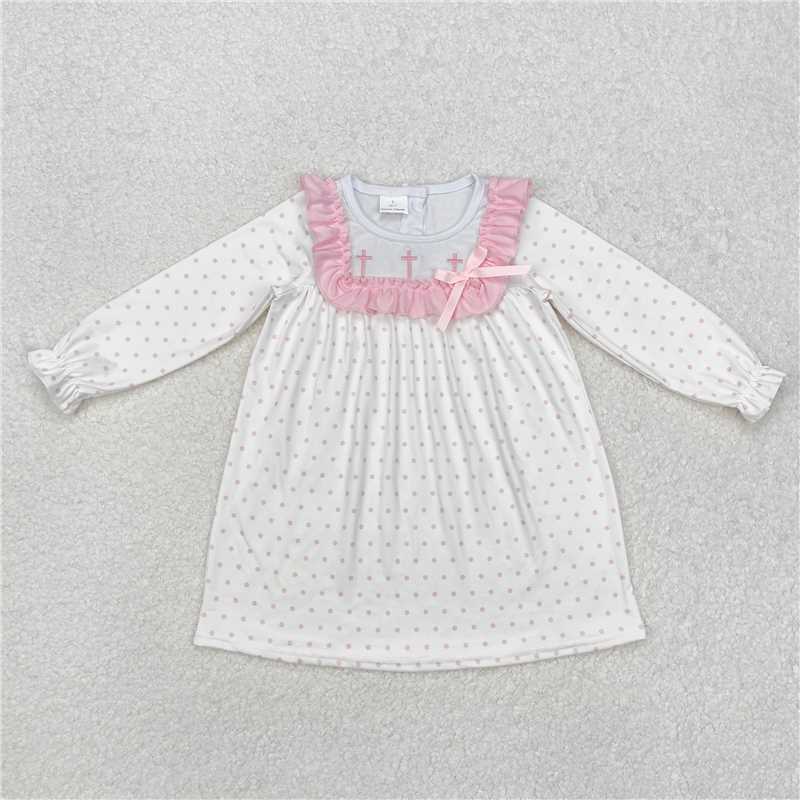 GLD0981 Embroidered cross dot pink lace long sleeve dress