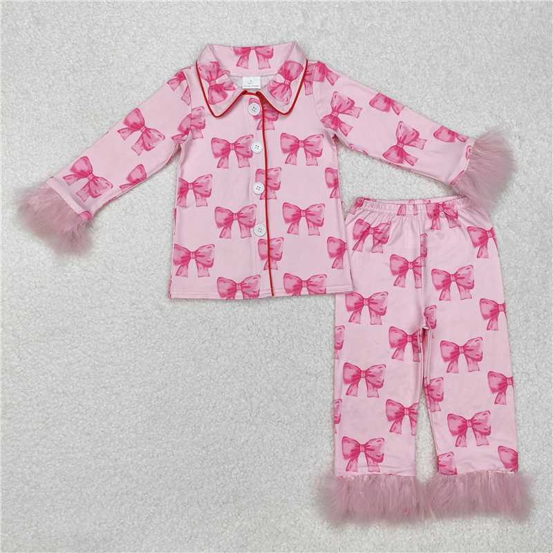 4.22GLP2289 Pink long-sleeved trousers pajamas set with bow pattern and plush edges