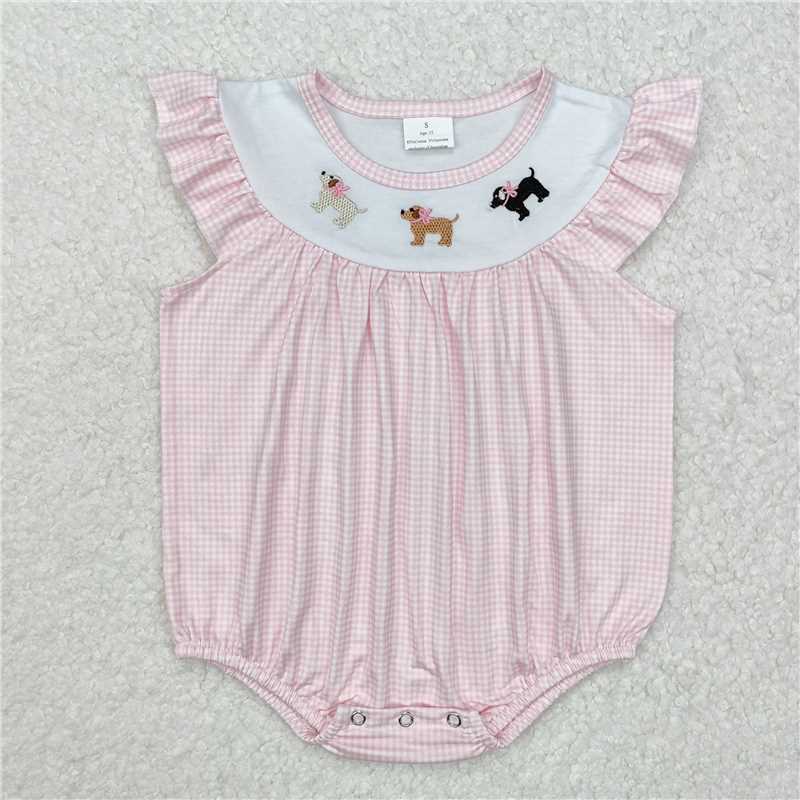 4.22SR2073 Embroidered bow puppy pink plaid vest jumpsuit