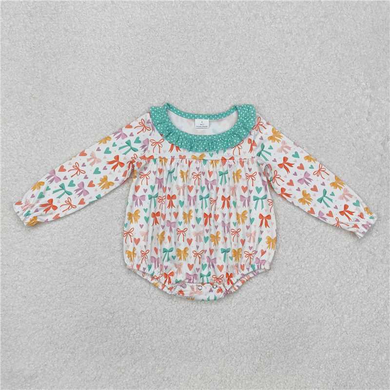 LR2066 Heart bow pattern polka dot green lace white long-sleeved jumpsuit