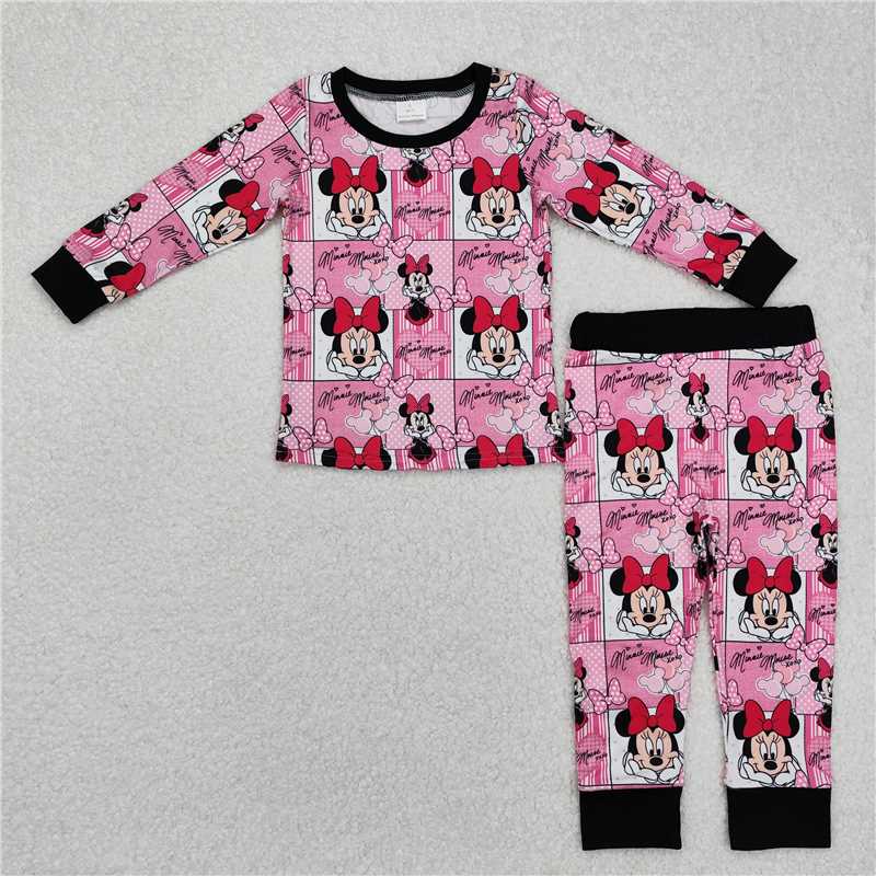 4.22GLP2280 Mickey and Minnie pink and white plaid long-sleeved trousers pajamas set