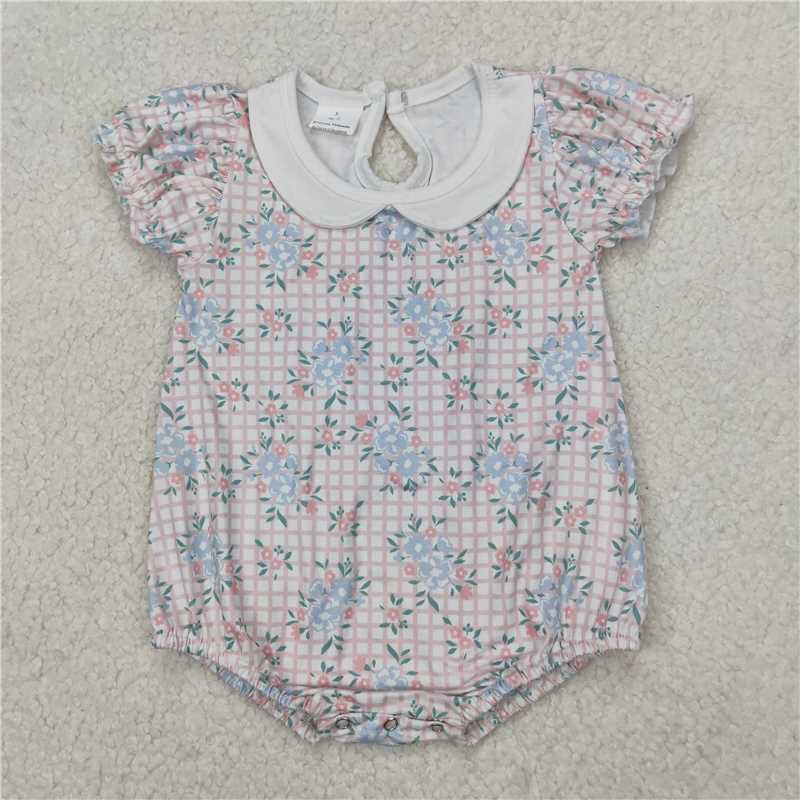 4.1 SR2878 Flower and leaf pink plaid short-sleeved babydoll collar bodysuit