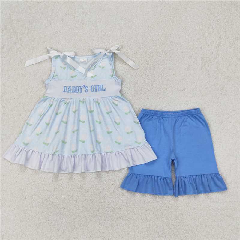 4.7 GSSO2152 Embroidered DADDY'S GIRL flower bow lace sleeveless blue shorts set