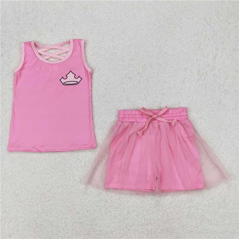 4.1 GSD2066 Crown solid pink vest pants skirt set