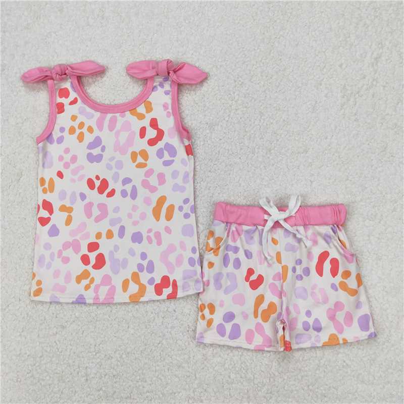 3.25 GSSO2081 Colorful leopard print rose red sleeveless shorts set