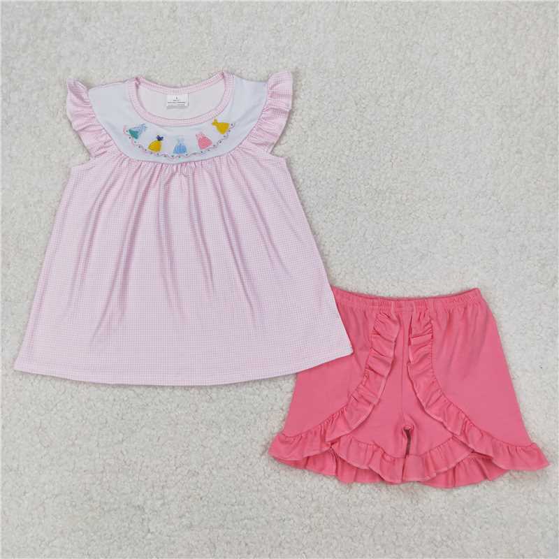 4.7 GSSO2125 Embroidered Disney Princess Pink Plaid Fly Sleeve Shorts Set