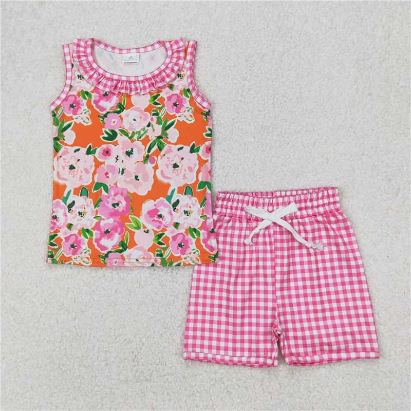 4.1 GSSO2413 Flower and leaf orange sleeveless pink plaid shorts set