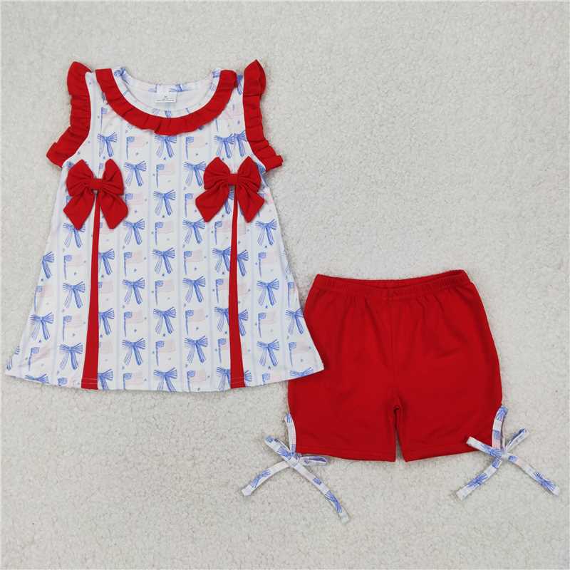 4.1 GSSO2373 National Day bow pattern red lace striped sleeveless shorts suit