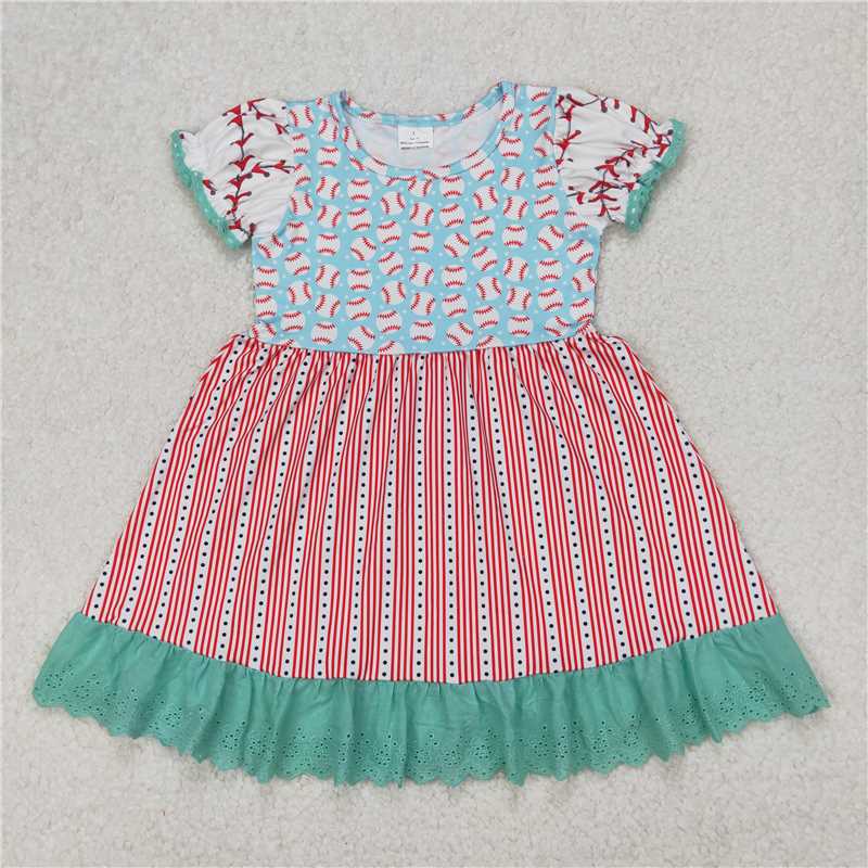 4.4GSD1749 Baseball red striped lace short-sleeved dress