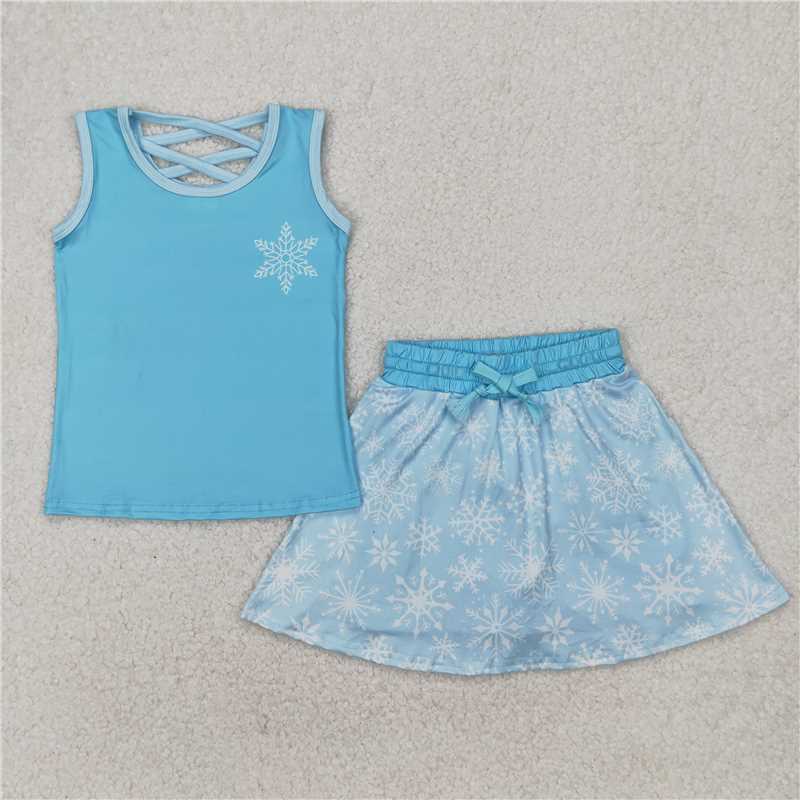4.1 GSD2074 Snowflake solid blue vest skirt set