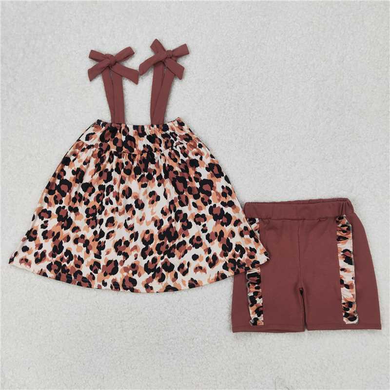 4.1 GSSO2352 Brown leopard print beige suspender shorts set