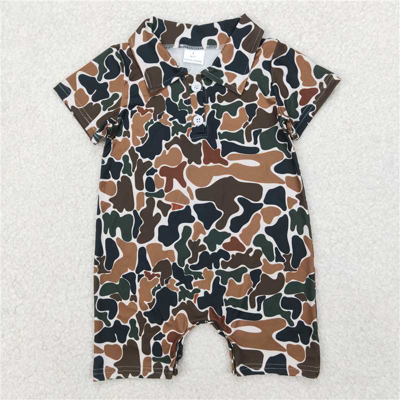 4.7 SR2979 Beige short-sleeved jumpsuit with brown and green camouflage collar and buttons