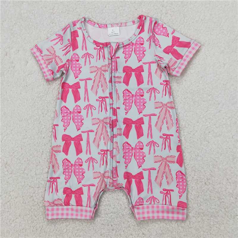 4.1 SR2771 Pink bow pattern plaid zip-up short-sleeved jumpsuit