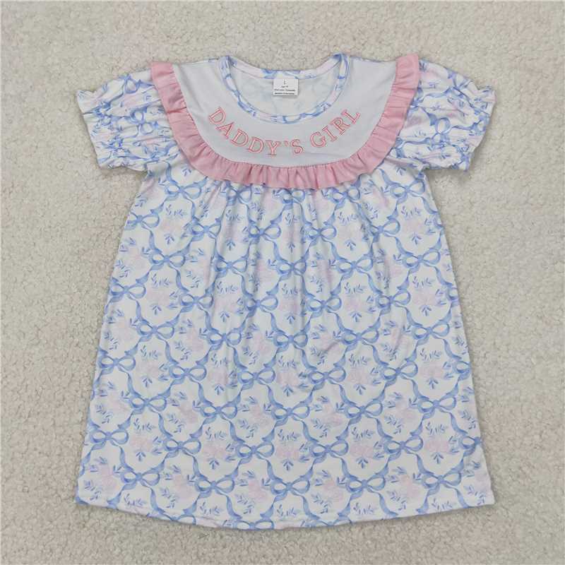 4.1GSD2226 Embroidered daddy's girl flower blue bow pattern white short-sleeved dress