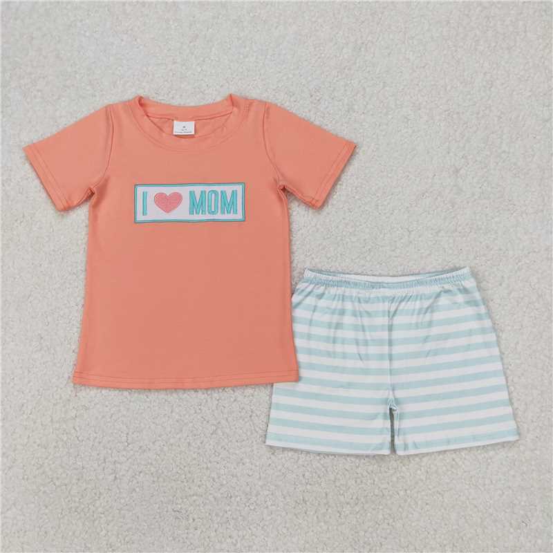 4.2 BSSO1435 Embroidered i love mom orange short sleeve green striped shorts set