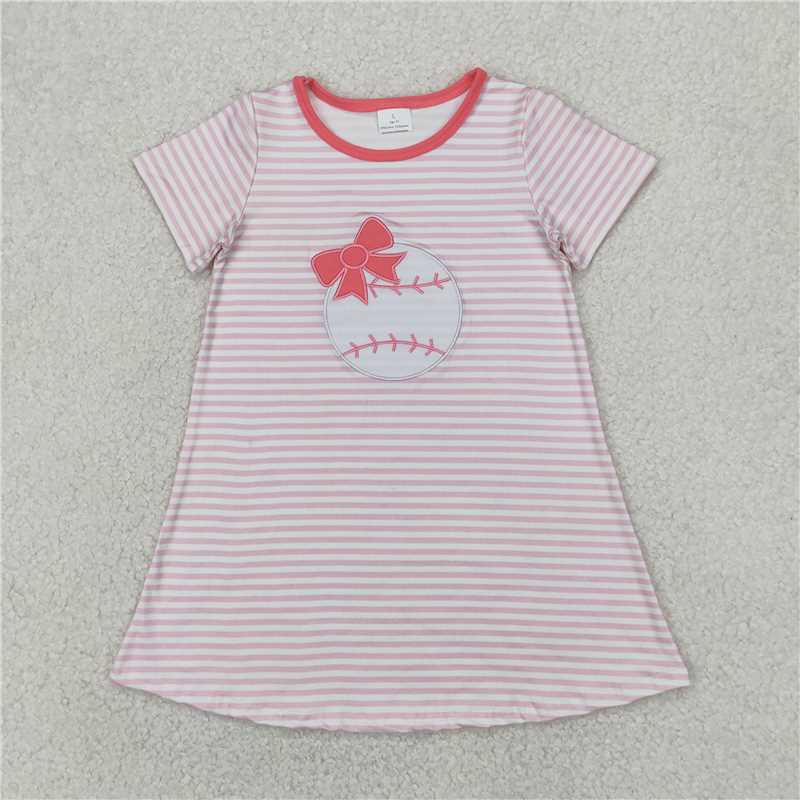 4.1 GSD2221 Embroidered bow baseball pink striped short-sleeved dress