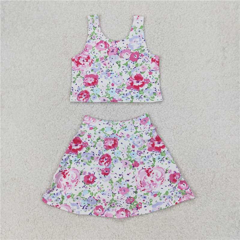 4.7 GSD1989 Pink and purple flower and leaf sleeveless pants skirt yoga set