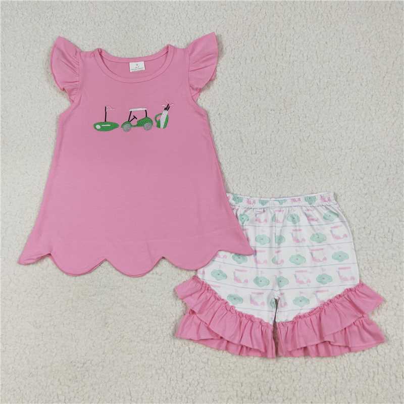 7.24 GSSO2660 Embroidered golf cart pink flying sleeve striped shorts set
