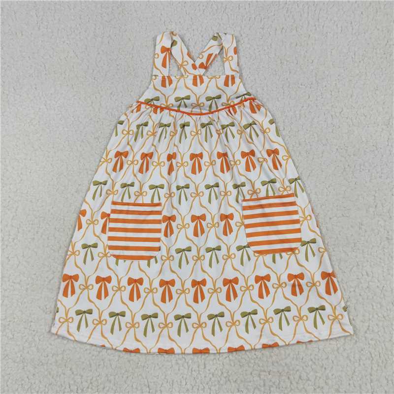 7.8 GSD2676 Orange green bow pattern striped pocket sleeveless dress