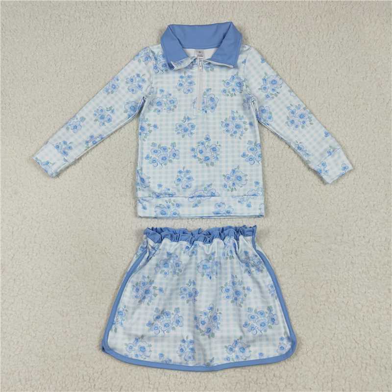 7.8 GLD1097 Flower blue plaid zipper long-sleeved skirt yoga set
