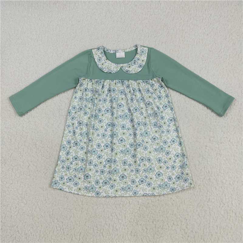 7.24 GLD1087 Flower doll collar blue-green long-sleeved dress
