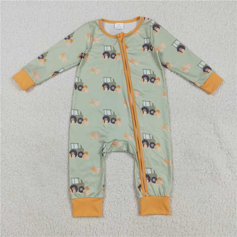 7.25 LR2335 Tractor Pumpkin Lime Green Zipper Long Sleeve Bodysuit
